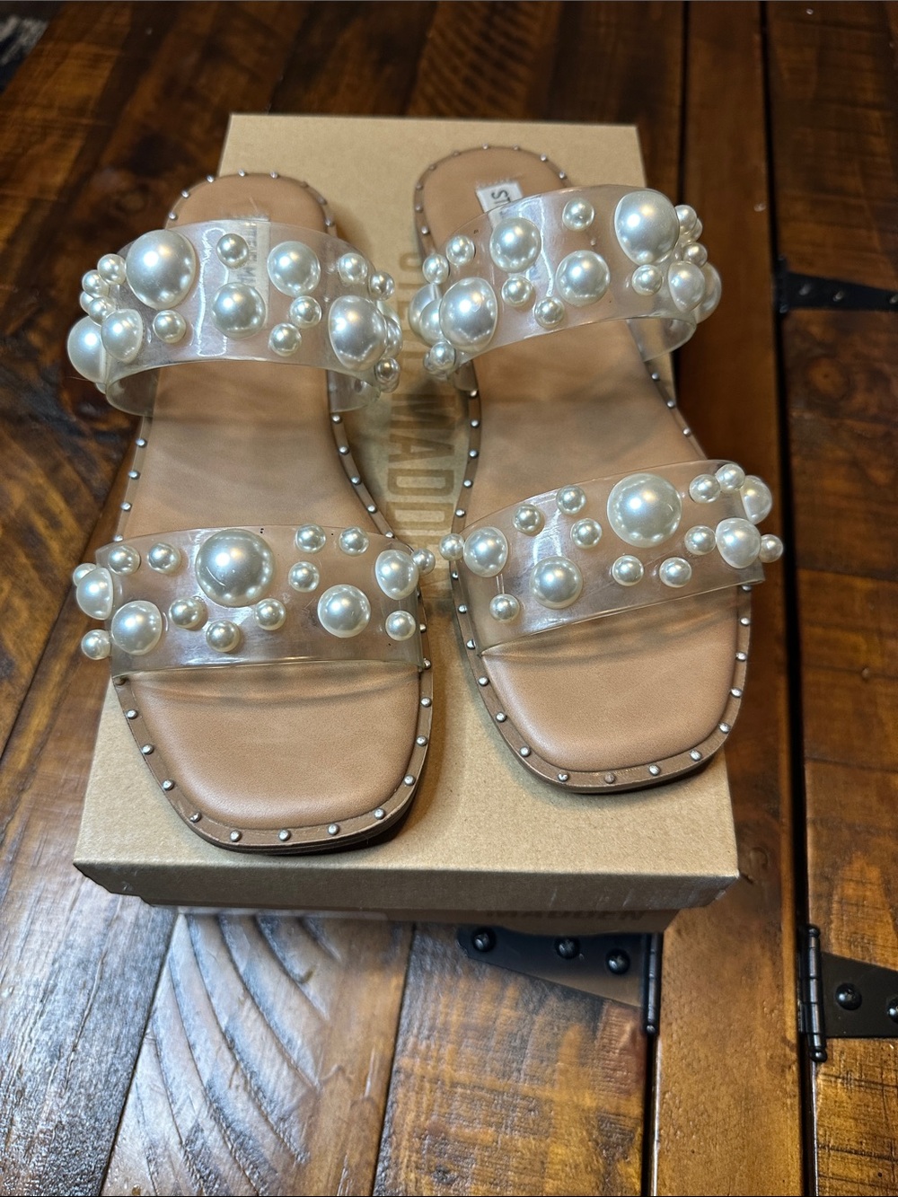 Steve Madden Pleez Pearl Embellished Clear Strap Sandals - Size 7.5 with box